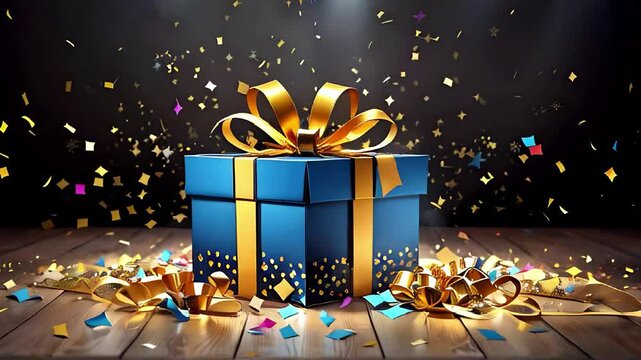 Animated greeting card. Shiny blue gift with gold ribbon and bow and colorful confetti. Gift box with shiny bow, sparkling swirling and slowly falling confetti. Animation