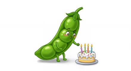 Naklejka premium Animated peas celebrating with a cake on white background