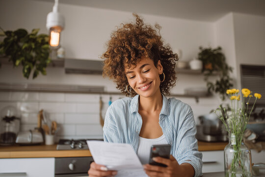Young woman smiling while checking finances with a bank statement and smartphone in modern kitchen