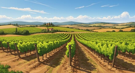 Fototapeta premium Scenic Vineyard Landscape with Rolling Hills and Blue Sky Depicting Agricultural Beauty