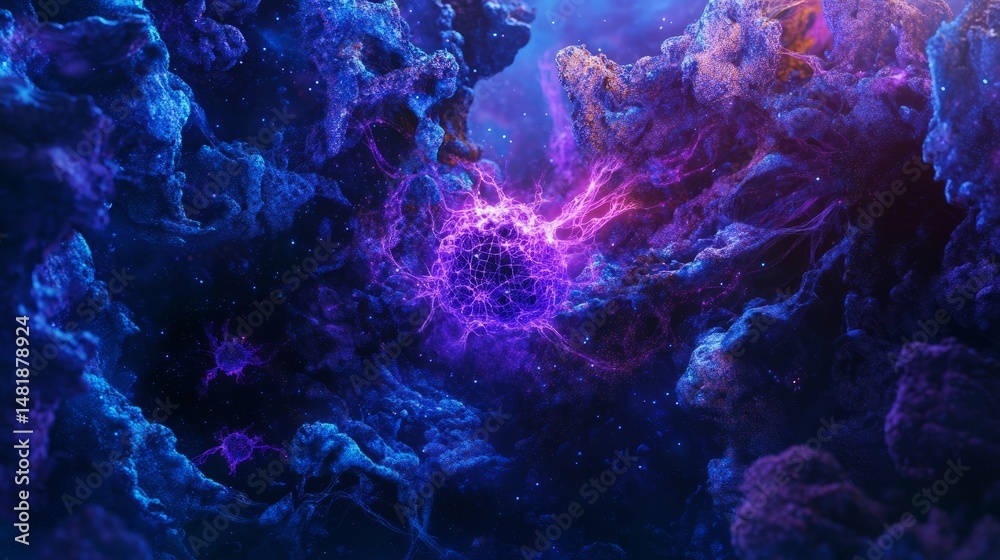  3d render of a glowing neuron in a complex neural network with abstract science background featuring