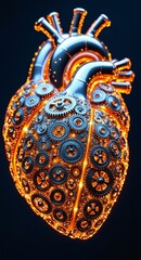 A glowing metallic heart constructed from numerous intricate gears