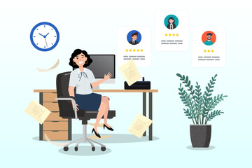 Businesswoman manage people with employee online application, employee management system, attendance or candidate analysis, customer management system, CRM or recruitment applicant system concept