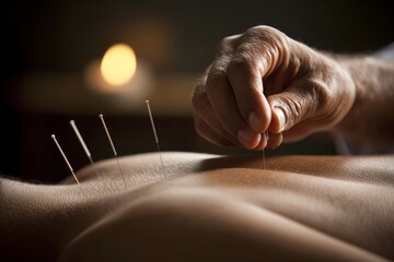 Close-up of an acupuncturist inserting needles into a client’s back