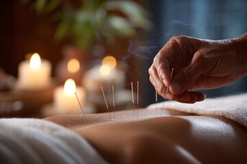 Close-up of acupuncture therapy in a tranquil spa setting with candles