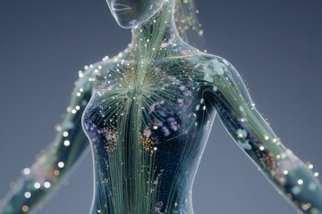 3D illustration of female human body highlighting energy meridians and subtle networks