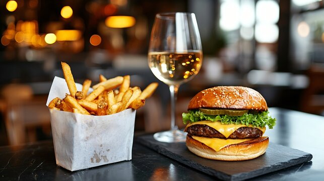 cheeseburger on black marble table, side of seasoned fries, wine glass blurred in background, clean framing and golden hour tone applied for soft warmth