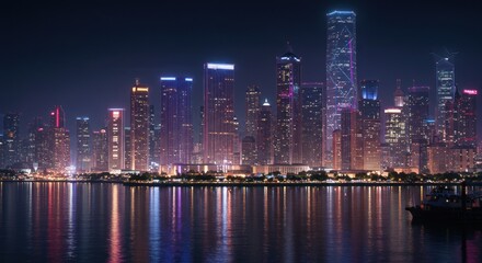 Night City Skyline with River Reflections