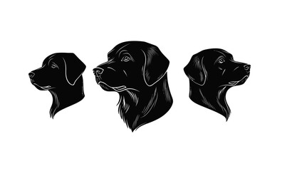 Set of three black dog head silhouettes with detailed line art in flat minimalist style on white background for pet and animal design concepts