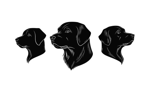Set of three black dog head silhouettes with detailed line art in flat minimalist style on white background for pet and animal design concepts