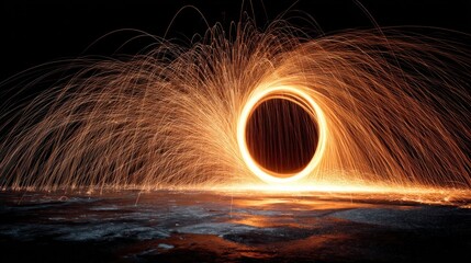 Circular light trails of burning steel wool