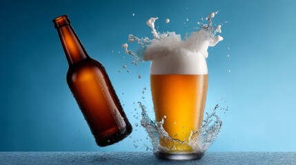 Bottle of beer is falling into a glass of beer. Concept of excitement and fun, as if the beer is being poured into the glass with great enthusiasm