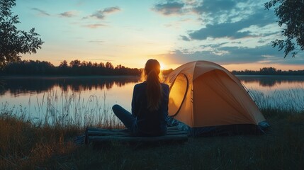 Woman at Campsite Lake Sunset