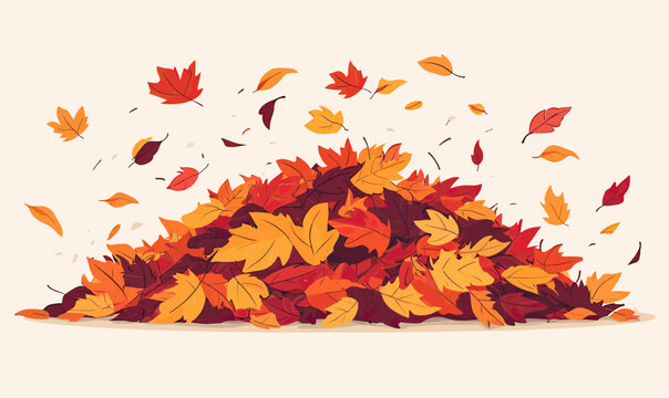 Colorful autumn leaves pile with red orange and yellow maple leaves in flat minimalist vector style isolated on light background