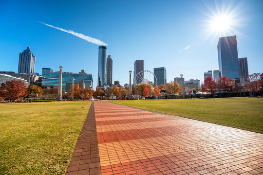 Atlanta Georgia downtown city skyline over Centennial Olympic Park