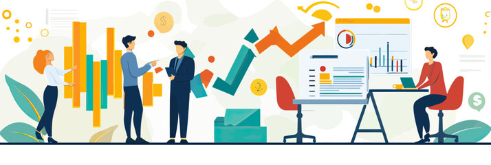 Business people discussing financial charts and growth analysis in modern office workspace with digital data visualization and teamwork concept illustration