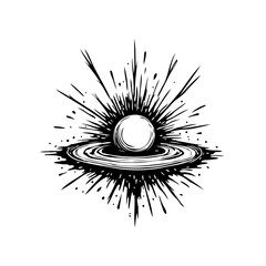 Monochromatic astral entity emitting radial bursts and distorted rings illustration