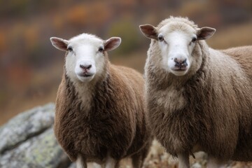 Fototapeta premium Sheep with thick wool on rocky rural terrain