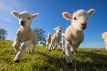 Group of playful white lambs running in green field