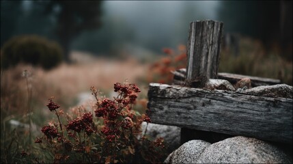 Fototapeta premium Autumnal Berries and Weathered Wood: A Misty Mountain Scene