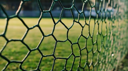 Fototapeta premium A soccer net is prominently displayed on a vibrant green field.
