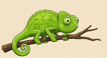 Cartoon Chameleon Resting on Branch with Big Eyes