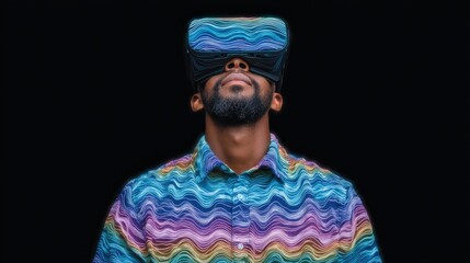 Individual immersed in virtual reality experience wearing a vibrant shirt displaying wavy lines demonstrating cutting-edge technology engaging in modern digital adventure