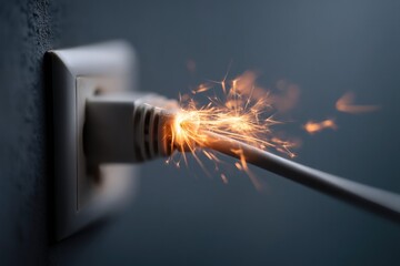 Electric sparks ignite from frayed cord plugged into wall socket