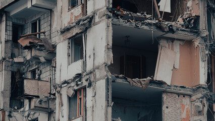 ruined street and destroyed houses the city war in Ukraine
