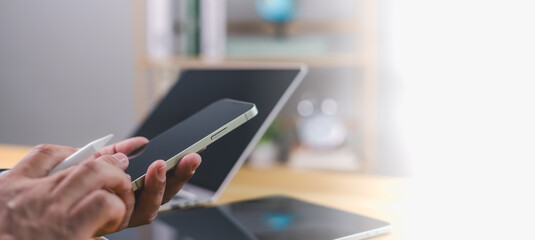 Contact us or email marketing concept, Website page, Customer support hotline, Contact us by mobile online, Human working on smartphone and computer, Email, Phone, Address, Chat message icon.