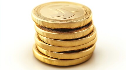 A neatly stacked pile of gleaming gold coins is displayed in the stock photo.
