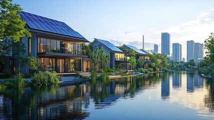 Obraz premium A city virtual power plant with residential solar panels and renewable energy management.