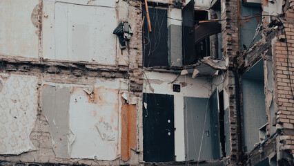 ruined street and destroyed houses the city war in Ukraine