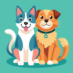 Playful dog and cat duo sitting together in a cheerful flat design style vector art 