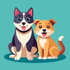 Playful dog and cat duo sitting together in a cheerful flat design style vector art 