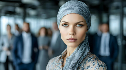 woman wearing a headscarf working with a multicultural team in an open office