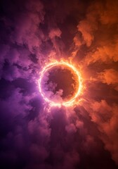 Abstract Background Illustration: Fiery Ring Portal in Purple and Orange Clouds