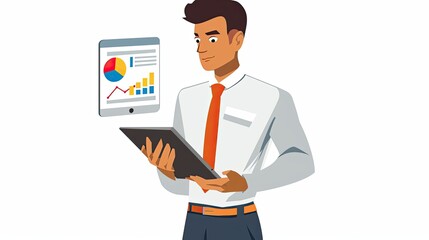 Man in shirt and tie holding tablet with charts and graphs displayed on a floating tablet near him