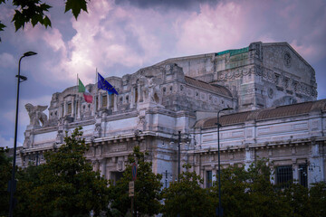 Landmark architecture of the neoclassical Milan Railway Station in Lombardy, Italy—framed by a...