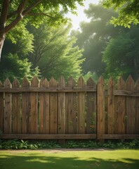 Rustic wooden fence displays vibrant poster, lush green park backdrop,  template,  illustration,  marketing