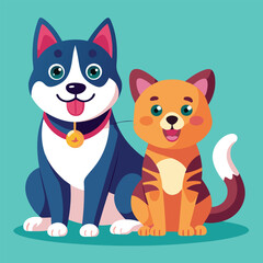 Playful dog and cat duo sitting together in a cheerful flat design style vector art 
