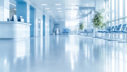 Clean, modern hospital hallway with reception desk and waiting area