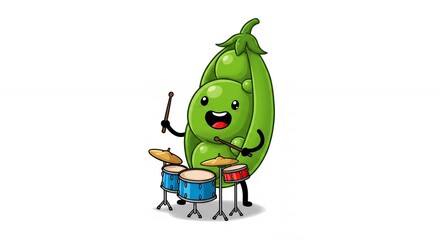 Cartoon pea pod playing drums