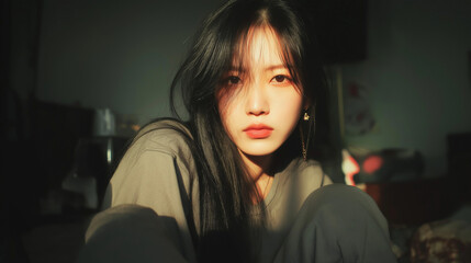Fototapeta premium A portrait of a young Asian woman with long black hair sitting indoors, bathed in warm golden hour sunlight. She gazes directly at the camera with a serene yet intense expression.