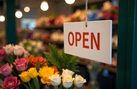 Open sign among flowers bouquet for floristic shop
