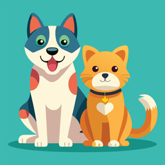 Playful dog and cat duo sitting together in a cheerful flat design style vector art 