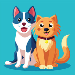 Playful dog and cat duo sitting together in a cheerful flat design style vector art 