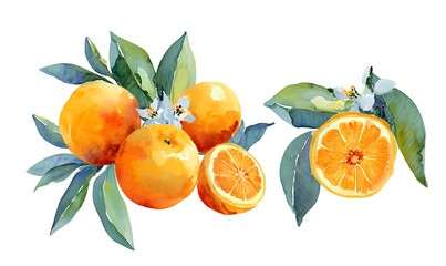 Beautiful set with watercolor fresh oranges