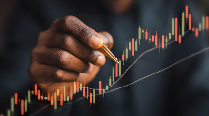 examining real-time AI market trend graphs on a transparent screen