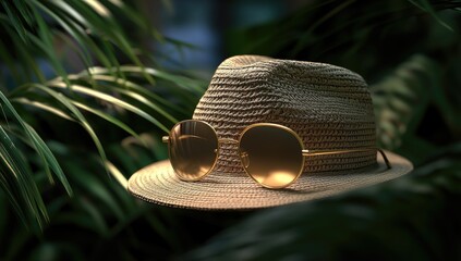 Straw hat and round sunglasses rest on lush green foliage